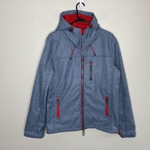 SUPERDRY Jacket Mens Large L Blue Windtrekker Hooded Red Fleece Lined Full Zip